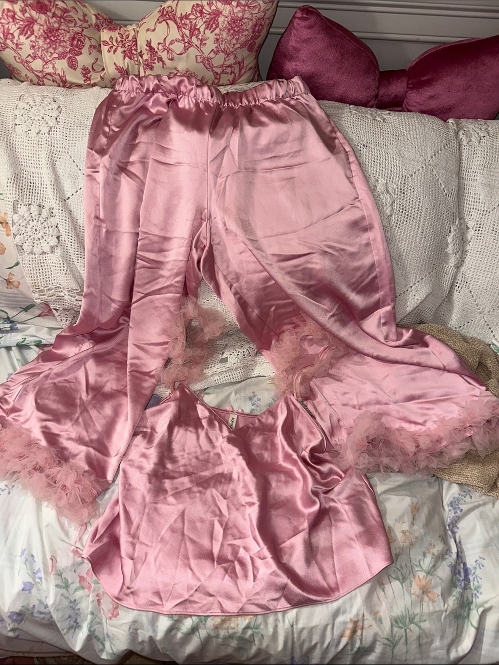 For Love And Lemons Pink Satin net Trim Pajama Set